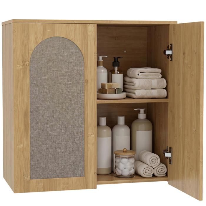Armoire murale – Panneau MDF rotin arqué fermeture douce – Salle de bain salon – 60x30x60 cm