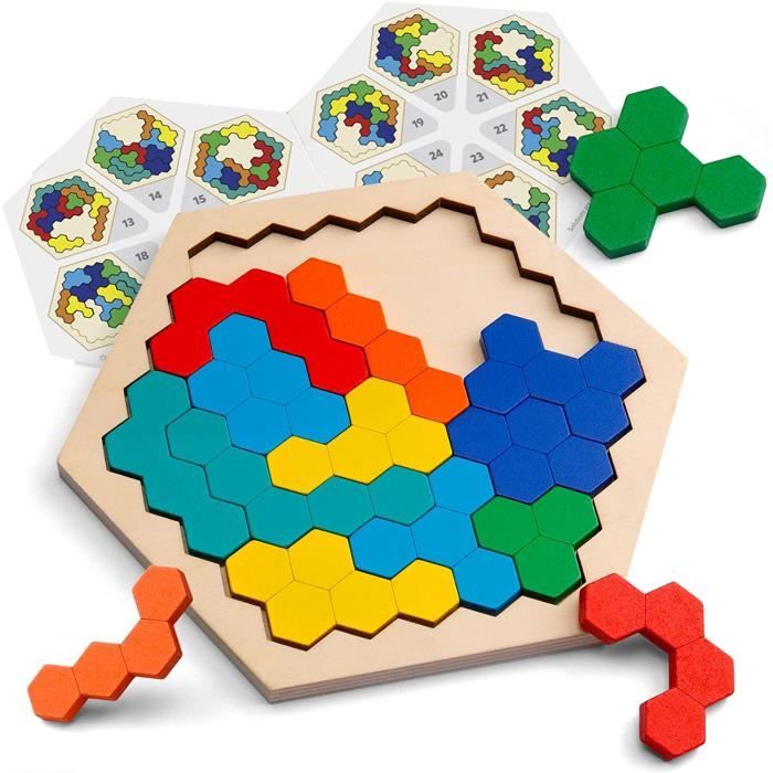 en Bois Hexagone Puzzle, Tangram Casse-tête Jouet Géométrie Logique IQ Jeu Montessori Éducatif pour Tous Les Ages Défi