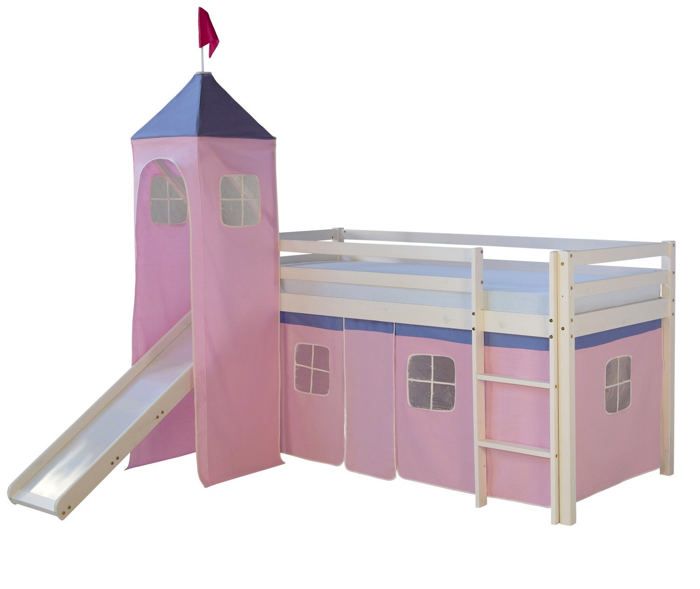 lit mezzanine - marque - modèle - bois blanc - toile rose - 90x200cm