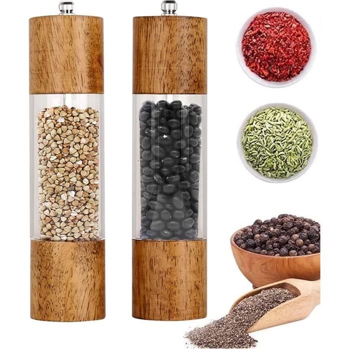 Moulins à Sel Et Poivre En Bois - Lot De 2, Mécanisme Céramique Réglable, Avec Soucoupe Et Cuillère