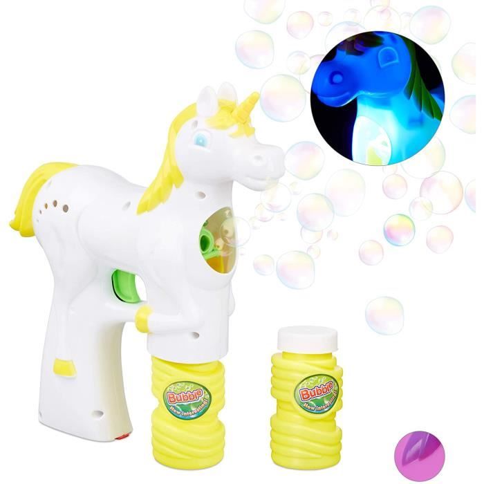 Pistolet à Bulles Licorne Relaxdays – LED Bleue – Set 2 Liquides 50ml – Jouet Fête Enfants – Blanc