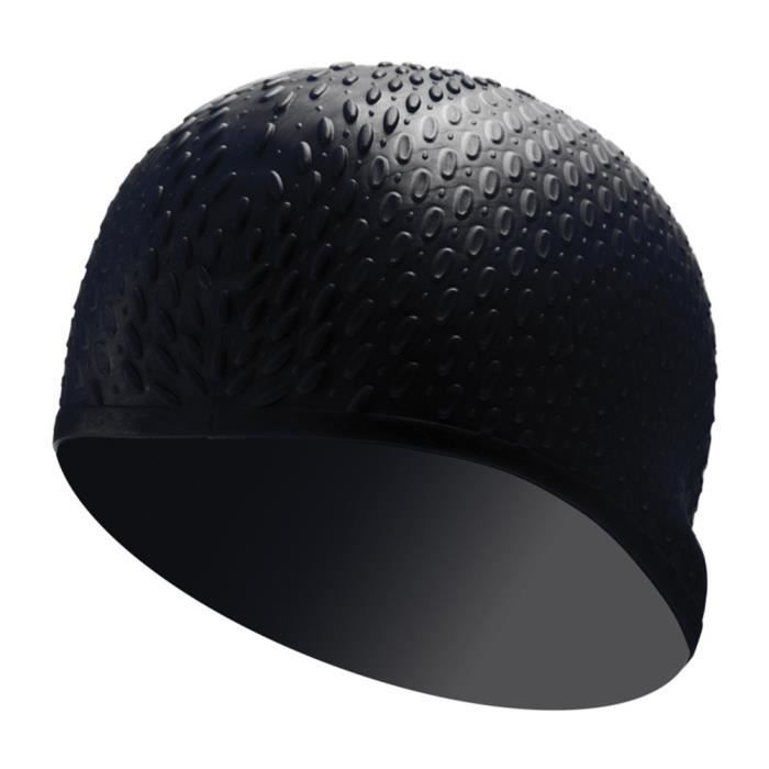 Bonnet de Bain Silicone Etanche Natation pour Longs Cheveux Epais Noir Taille Unique