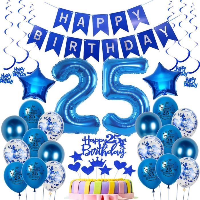 Kit Déco Anniversaire 25 Ans – Bleu Argent – Ballons 32 Pouces, Guirlandes, Fanions, Confettis – Pour Homme Ou Femme