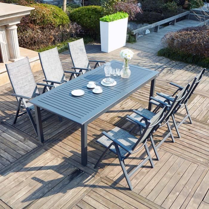 Salon de jardin - 10 personnes - BERANA - Concept Usine - extensible - Aluminium - Table Rectangle - 6 fauteuils - Gris