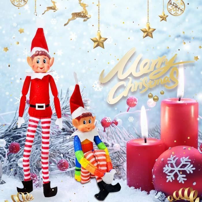Lot De 2 Lutins De Noël - Corps Souple, Tête En Vinyle Rouge/vert, 38 Cm, Décoration Sapin Ou Maison - 9