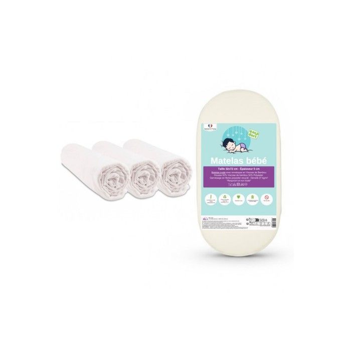 KIT PRATIQUE BEBE Matelas 32x72 Couffin Berceau Bébé Bambou + 3 Draps housse Bio Certifié GOTS Fabrication France UE