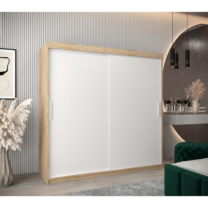 Armoire de Chambre Torm Sonoma-Blanc 200 avec 2 Portes Coulissantes Penderie (Tringle) avec étagères Sans tiroirs