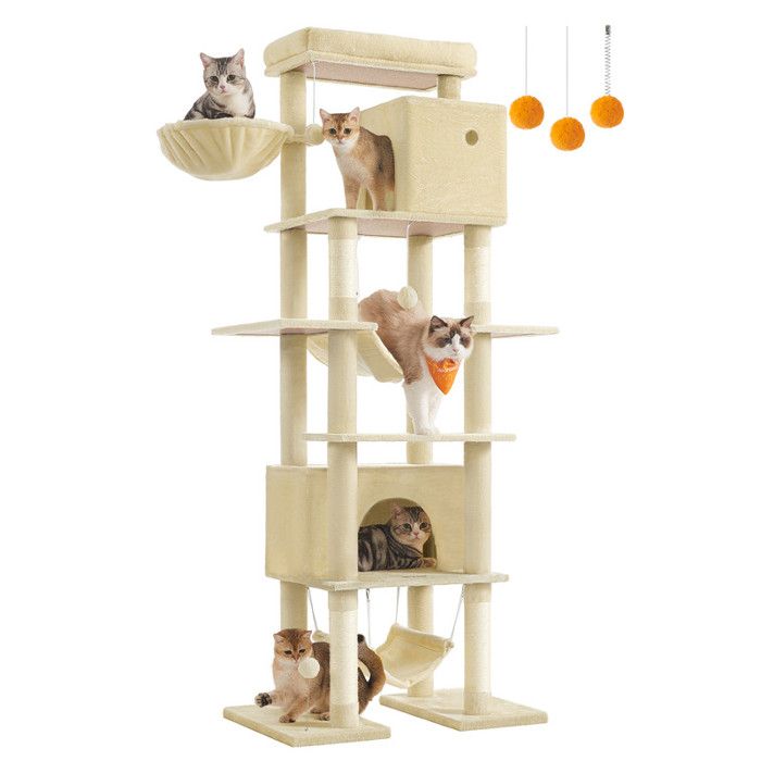 Meilleurs prix pour Arbre à Chat 201 cm, Taille XXL, Multi-Niveaux, 1 Plateforme, 1 Panier, 2 Niches, 2 Hamacs, Dispositif Anti-Basculement, Beige