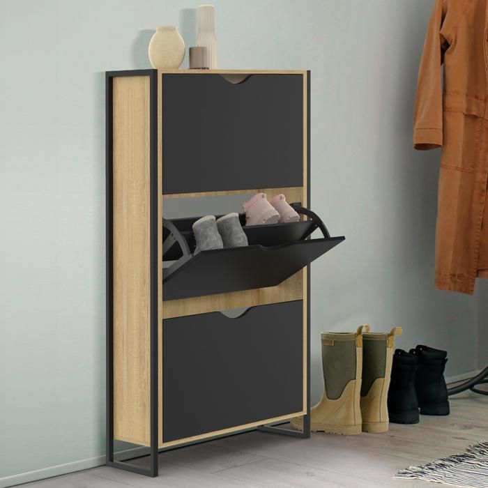 IDMARKET Meuble à chaussures 18 paires BOSTON 3 portes noires design industriel IDMARKET Meuble à chaussures 18 paires BOSTON 3 portes noires design industriel