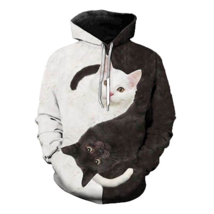 Sweat capuche chat 3D noir et blanc pour homme et femme