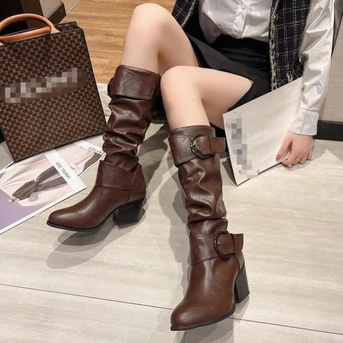Bottes hautes vintage talons pais pour femmes Marron xinyue