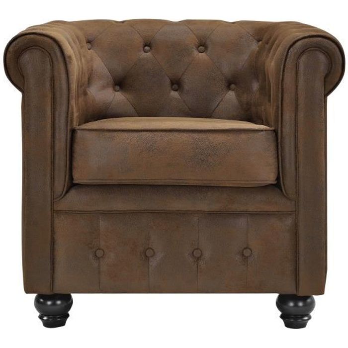 fauteuil chesterfield - rendez vous deco - marron vieilli - style classique - tissu - microfibre