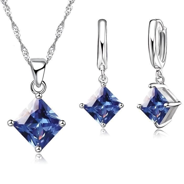 Parure Bijoux - Femme - Losange - Suspendu - Cristal - Bleu - Saphir - Argent 925/1000 - 4 Pièces