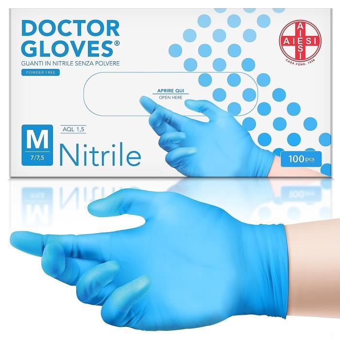 100 gants nitrile bleu - Taille M, jetables, non poudrés, bords ourlés