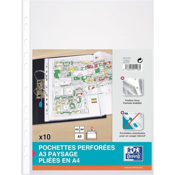 Oxford Sachet De 10 Pochettes Perforées A3 Paysage Pvc Lisse Epaisseur