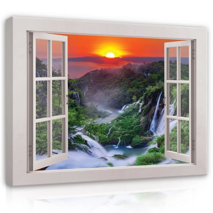 Grande Toile XXL Muralo - Cascade Forêt Tropicale 3D - Tableau Mural Paysage