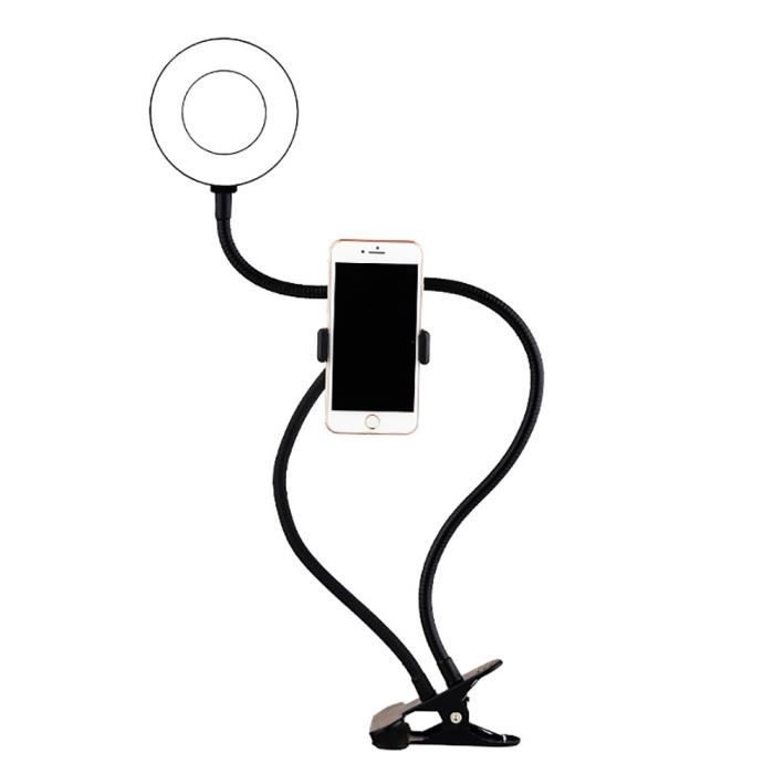 WE Anneau lumineux led avec support téléphone universel et pince d'accroche. 3 modes couleurs et 10 modes de luminosité. Bras flexib