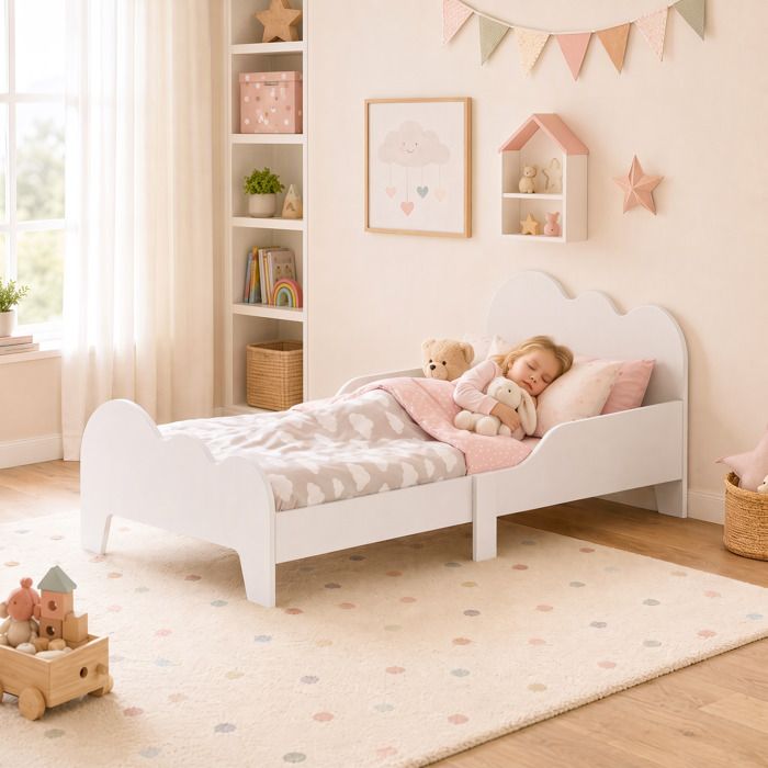 HOMCOM Lit Enfant Au Sol 143x74cm - Design Étoiles, Sommier Lattes Inclus, Bleu Blanc - Pour 3-6 Ans