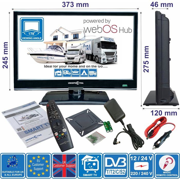 TV Portable 16 Pouces LED Numérique Avec Antenne - Tuner Haute Sensibilité, HDMI, USB, Radio FM Pour Voiture Et Caravane