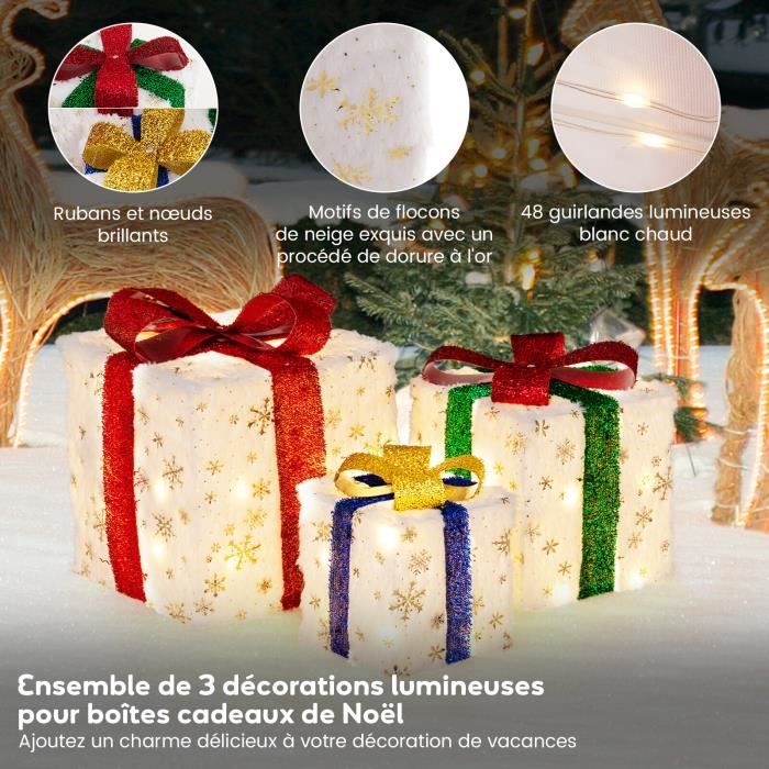 COSTWAY Lot de 3 Paquets Boîtes Cadeaux de Noël Lumineux avec 52 Lumières  LED Pré-éclairées, Décoration pour Porche, Cour, Pelouse - Cdiscount Maison
