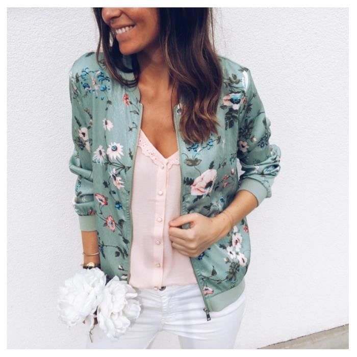 Minetom en Dentelle Femme Chic Motard Bomber Blouson Court des fleurs Printemps Zippee ROUGE 2