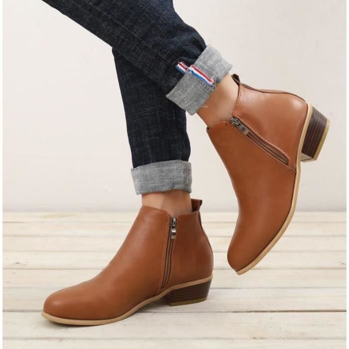Boots pour Femmes Boots Femme Bout Rond en Daim Talon Plat