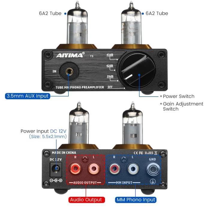 AIYIMA T3 Tube MM préamplificateur Phono préampli HiFi avec Gain préampli Audio stéréo pour