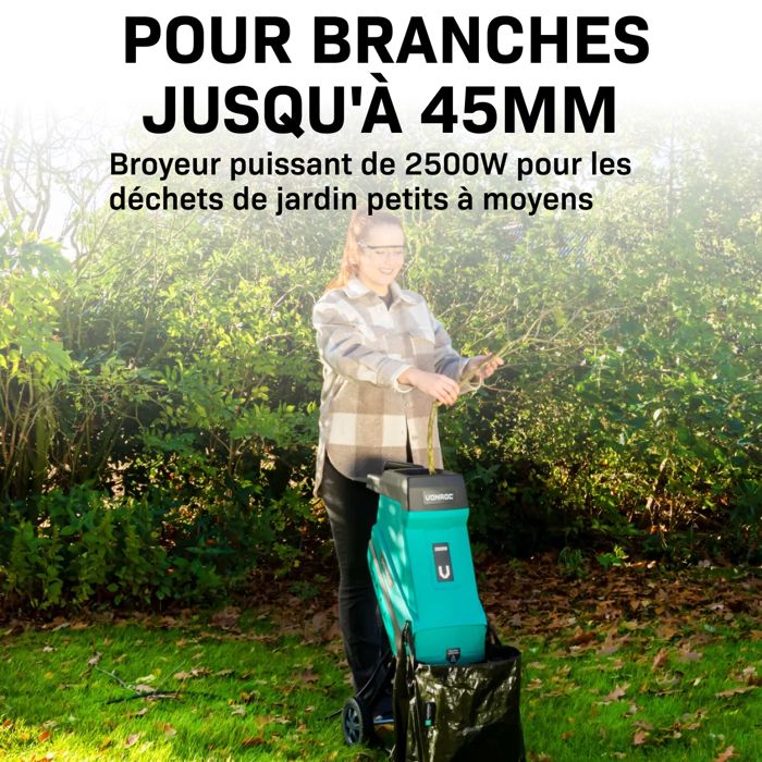Broyeur Végétaux Électrique 2500W - Broyeur De Branches Silencieux Diamètre 45 Mm Avec Bac 45L
