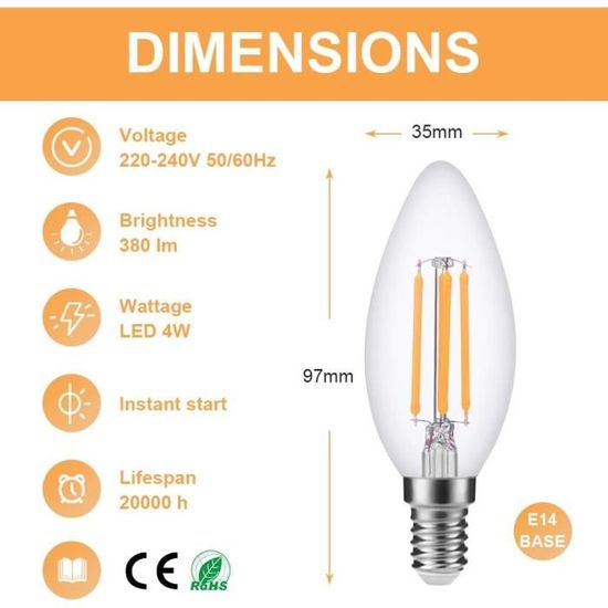Achetez Ampoule à Filament Bougie 4W E14 - Lumière Décorative d'intérieur  Température Blanc chaud - 2700K Achetez plus et payez moins UNITÉS