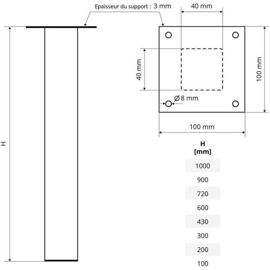 1 pcs Hauteur: 100 cm HOLZBRINK Pied de Table en Acier Profil Carré 80x80 mm Blanc Signalisation HLT-14A-J-100-9016