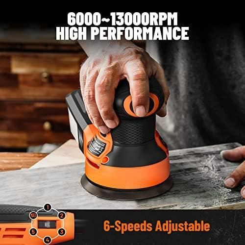 DEKOPRO 300W Ponceuse Orbitale Excentrique, 6 Vitesses, 14000RPM, Papier Abrasif 16 Pièces, Patin de Ponçage 125mm, Collecteur de Poussière, pour Surfaces en Bois et Acier
