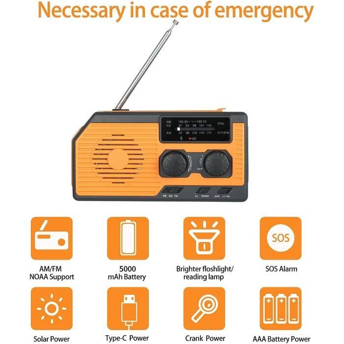 Urgence Radio Portable 5000 mAh - Radio météo Portable AM, FM, NOAA avec  Chargeur de téléphone Portable