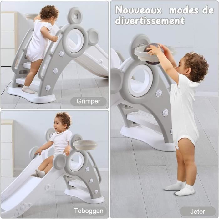 Toboggan Pliable Enfant 3 en 1 - YOLEO - HDPE Gris - Panier Basket et Échelle d'Escalade - Jeux - Jouets