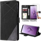BOOLING Coque pour Samsung Galaxy S9 - Protection Support Noir Effet Cuir et 2 Verres Trempés