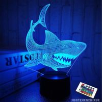 Requin 3D Illusion Veilleuse Animal Touch Table Lampe de Bureau, avec Télécommande 16 Couleurs Optique USB LED Veilleuse -Base