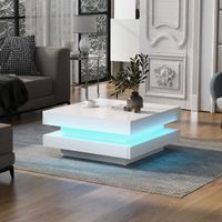 Table Basse Carrée Blanche Futuriste, 16 Couleurs LED, Prise USB, 70x70x36 Cm, Design Contemporain pour Salon, Table d'appoint