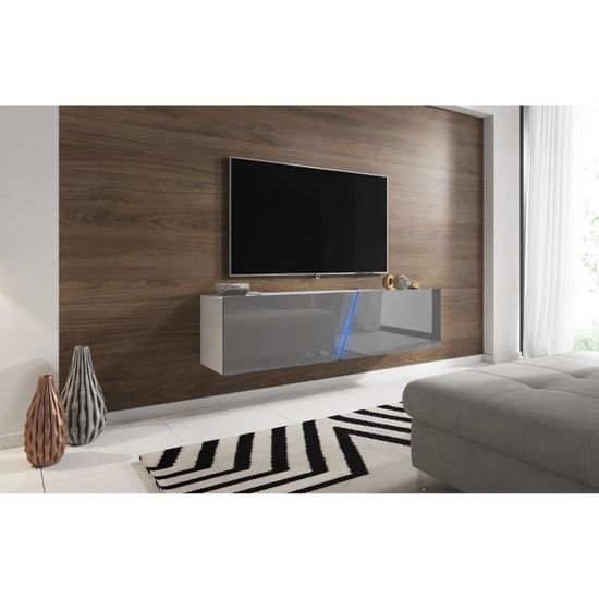 3xeLiving Meuble TV suspendu moderne et tendance Aczi blanc / gris brillant 160cm LED