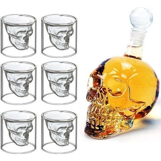 Verres à Whisky Design Tete de Mort 700ML en Verre Cristal Transparent, Carafe Avec 6 Verres à Cocktail Vodka en Forme de Crâne de
