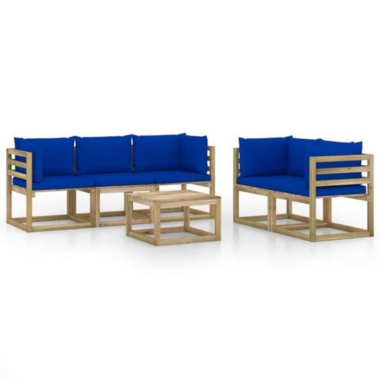 8744135© Design Rétro Scandinave Ensemble de Meubles de jardin, Salon de jardin 6 pcs et table basse, avec coussins bleu