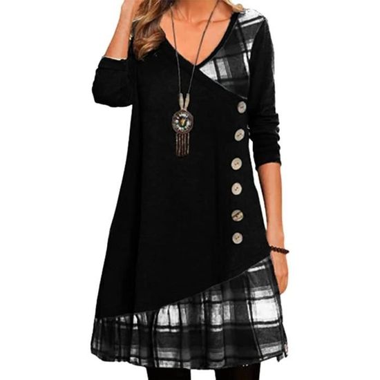 Robe Femme Mi-Longue Automne Hiver - Imprimé Écossais Patchwork, Manches Longues Boutons, Style Chic Décontracté