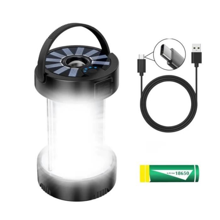 Camping Lanterne Portable USB Rechargeable - Lampe de Camping LED Solaire1800mAH pour Bivouac,Pêche,Randonnée - Noir