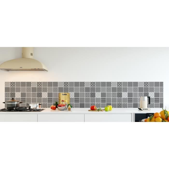 Crédence de cuisine adhésive en Panneau composite aluminium -Carreaux de ciment style géométrique- L. 300 x H. 50 cm