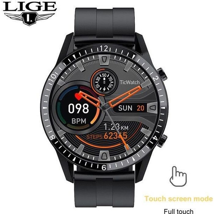 LIGE – montre connectée de Sport pour hommes, écran tactile, cercle complet, étanche, Sport, Fitnes Silicone strap Black -CLAT3587