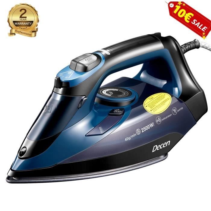 Fer à Repasser Vapeur 2500W, Fer à Vapeur avec Plaque en Nanocéramique, Fonction Pressing 300g/min, 300 ml Réservoir