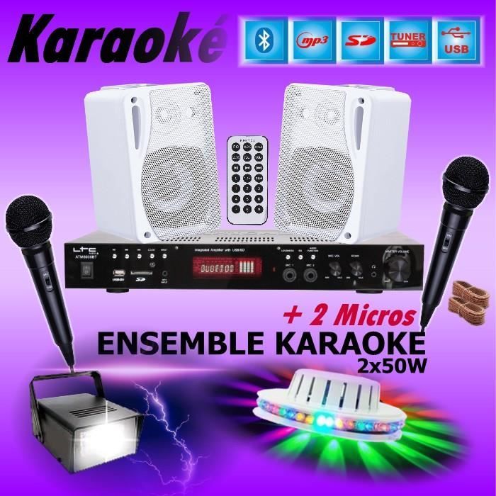 ENSEMBLE KARAOKÉ + JEUX DE LUMIERE avec AMPLI USB MP3 SD BLUETOOTH + 2 MICROS + 2 ENCEINTES HIFI ... PA-DJ