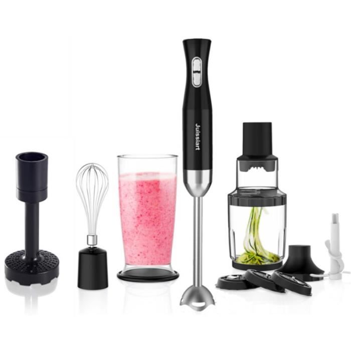 Juissiart Mixeur Plongeant - 5 en 1 Mixeur 800W 20 Vitesses - Fouet, Presse-Purée,Spiraliseur et Hachoir 600ml , Gobelet 800ml