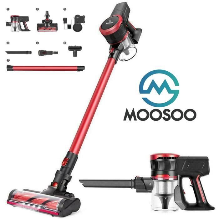 Aspirateur balai sans fil MOOSOO 23Kpa et moteur sans balais Multi-attaches Baguette d'extension de batterie amovible Ultra-silencie