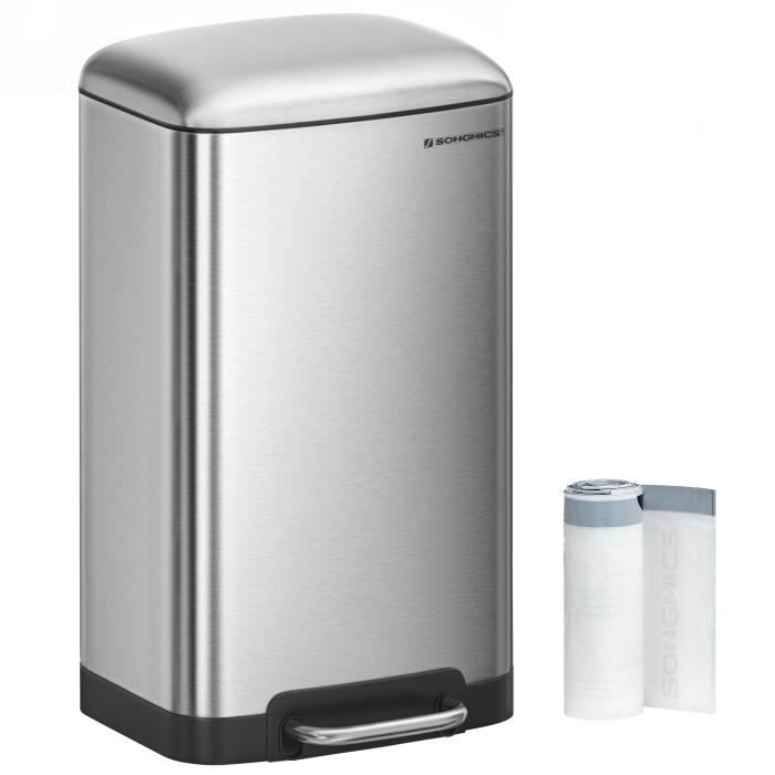 SONGMICS Poubelle de cuisine LTB01L - Acier inoxydable à pédale - 30 L - 34,5 x 27,5 x 61,5 cm