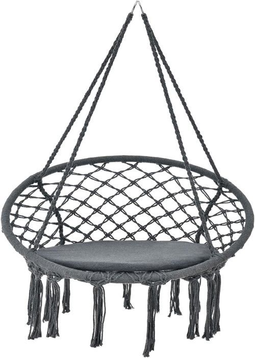 Juskys Fauteuil Suspendu Cadras Coussin De 60 Cm De Large - Panier Suspendu D'intérieur Capacité De Charge 120 Kg Pour Enfants & Adultes - Facile à Accrocher - Boho- Anthracite, Avec Coussin
