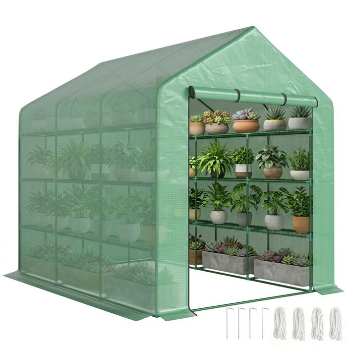 Serre De Jardin Outsunny 3 Niveaux 144x48x152cm - Bâche PE 140g/m² Vert Avec Portes Zippées